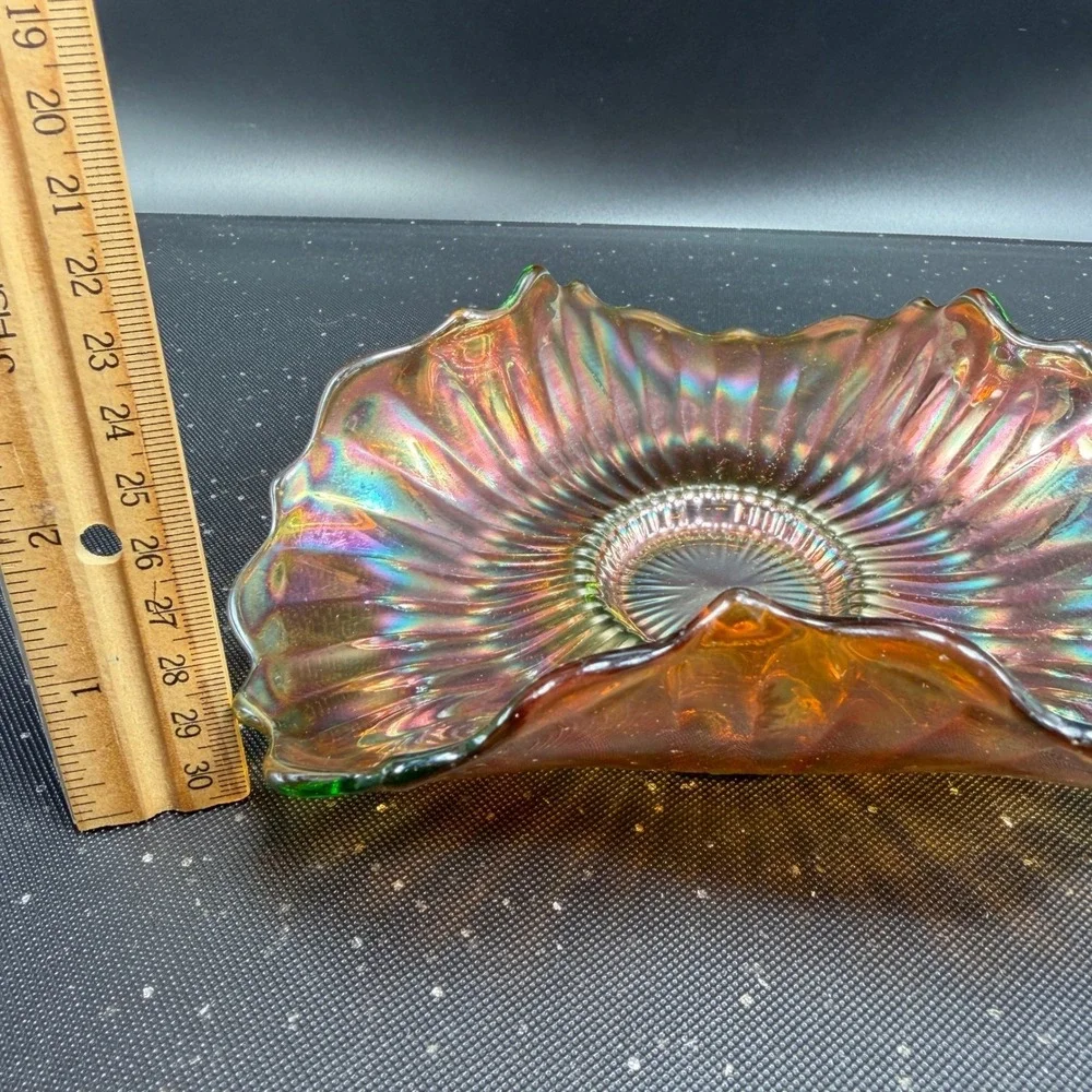 Vintage Carnival Glass Bowl Tri Corner Ruffled‎ Fluted Marigold Iridescent Green